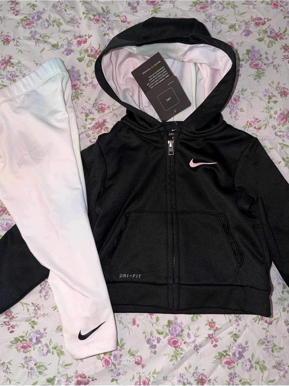 Nike Black Hoodie with Pink Swoosh and White Leggings